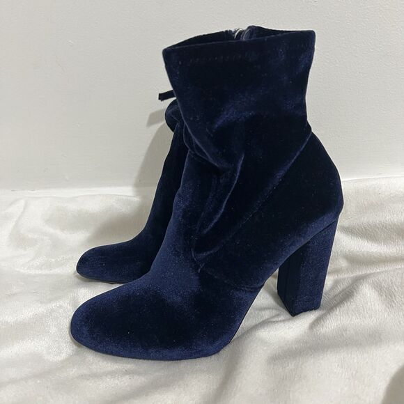 Steve Madden EDIT Ankle Boots Sz 8 Blue Velvet Side Zip Block Heel Party Y2K - Picture 1 of 9